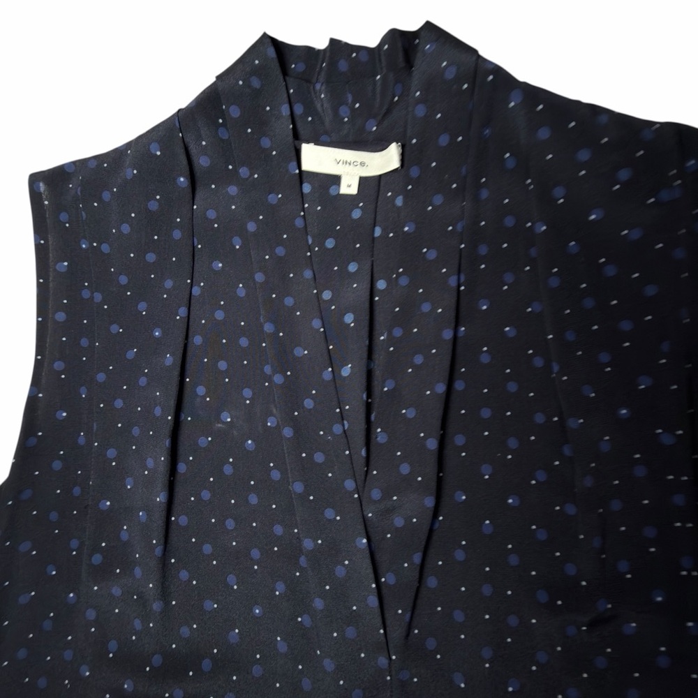 Vince Blue Silk Polka Dot Midi Dress M Sleeveless V Neck Casual Cocktail Pockets - Picture 6 of 16